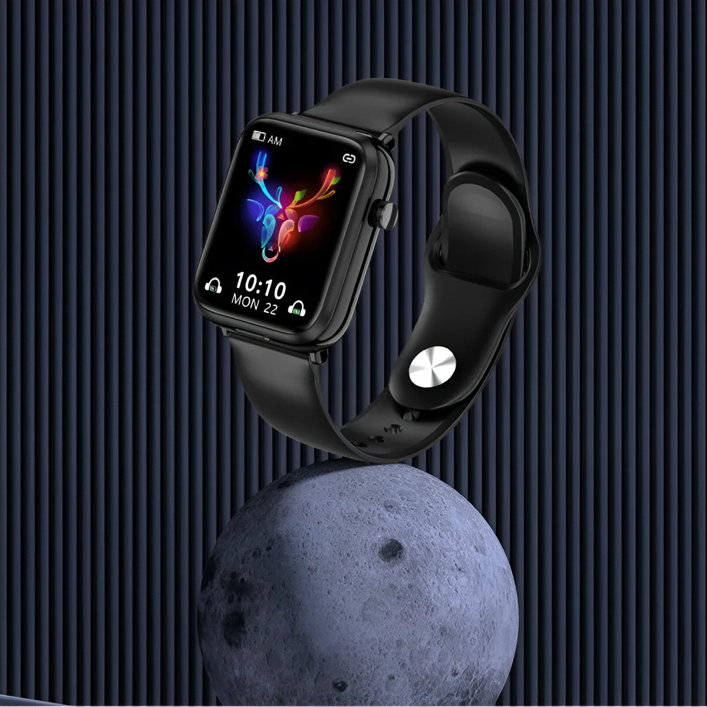 Black zinc alloy smartwatch with 1.69-inch touchscreen and Bluetooth earbuds in charging case.