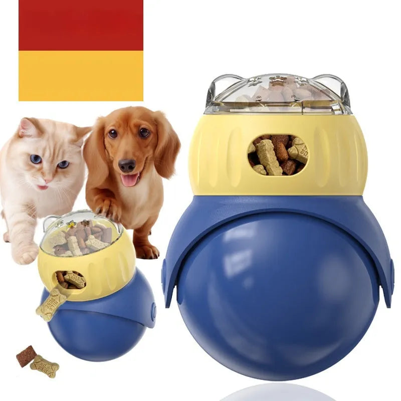 Morandi yellow and blue plastic owl-shaped cat puzzle feeder toy.