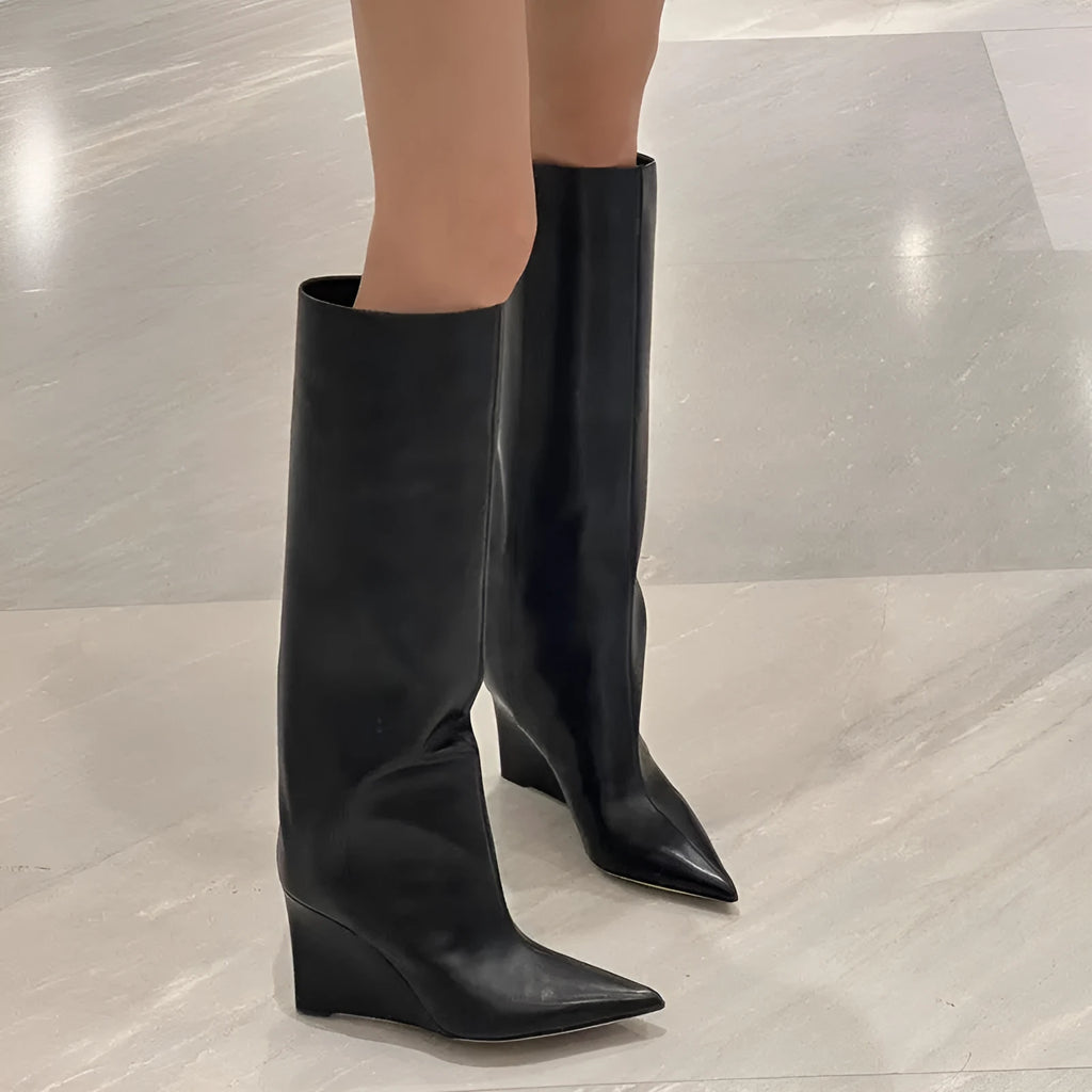 Women's black wide tube wedge heel knight boots with pointed toe and waterproof platform sole