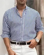 Men's loose casual striped button shirt in polyester fabric for spring autumn wear