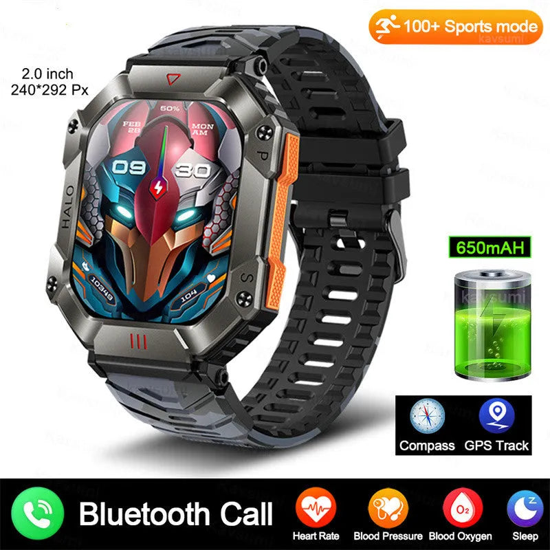 Android smart watch with GPS and Bluetooth call features on a black camouflage textile strap.