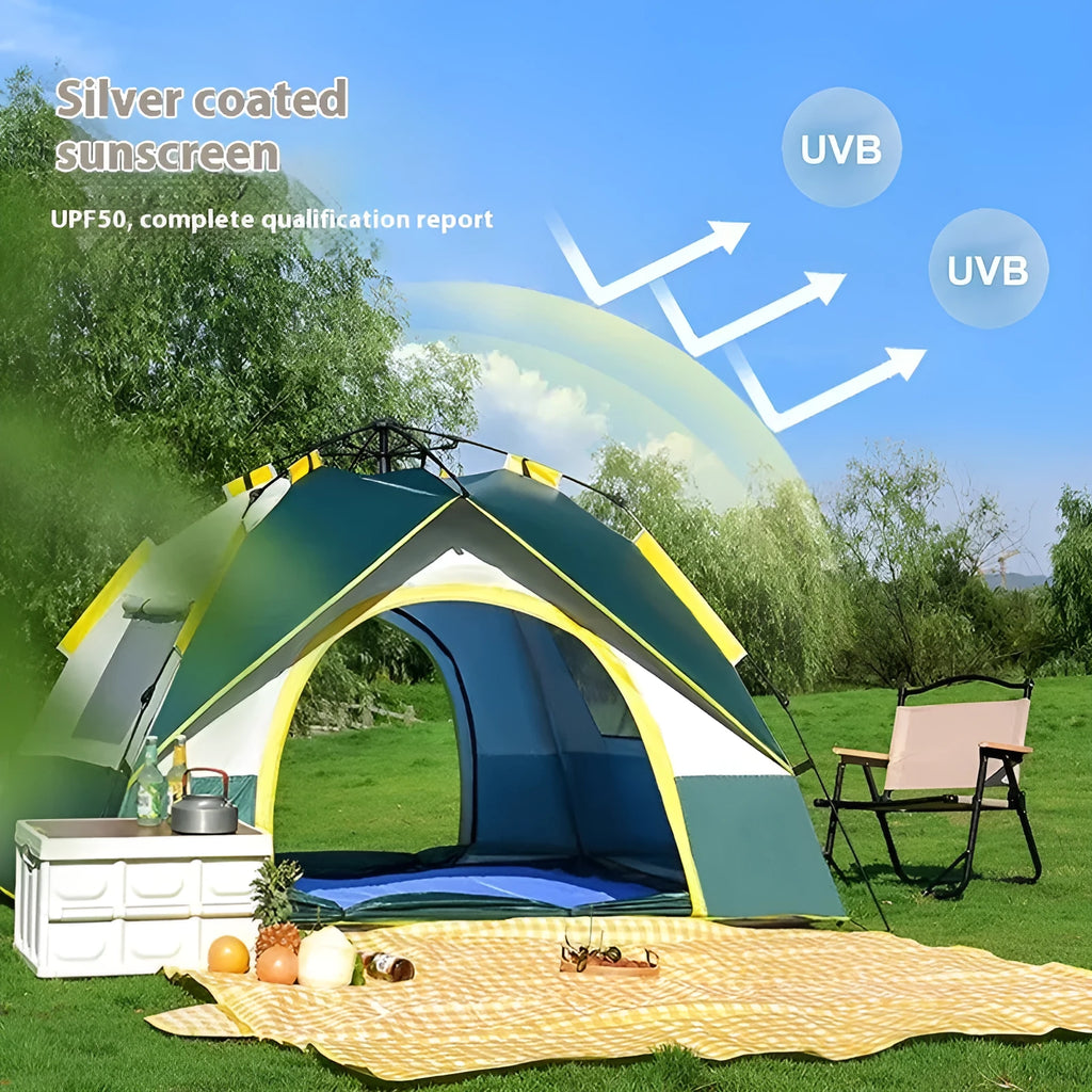 Dark green and silver 3-4 person quick open camping tent with guylines pegged out.