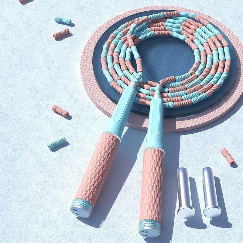 Children's skipping rope with bamboo beads in blue colour showing 2.8 metre length