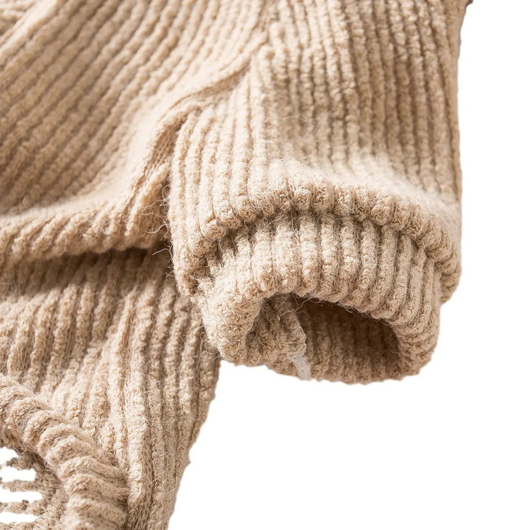 Brown knitted pullover sweater on a small dog, showing casual cloth design.