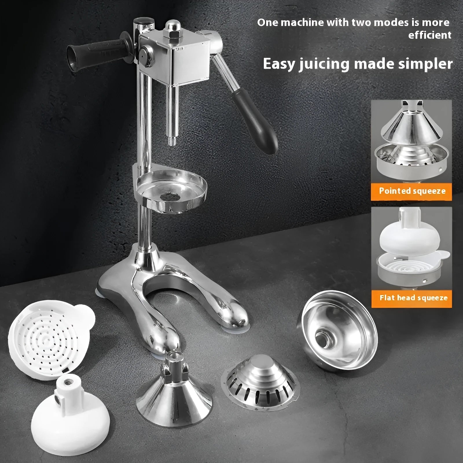 Stainless steel manual juicer with zinc alloy construction in five colour options
