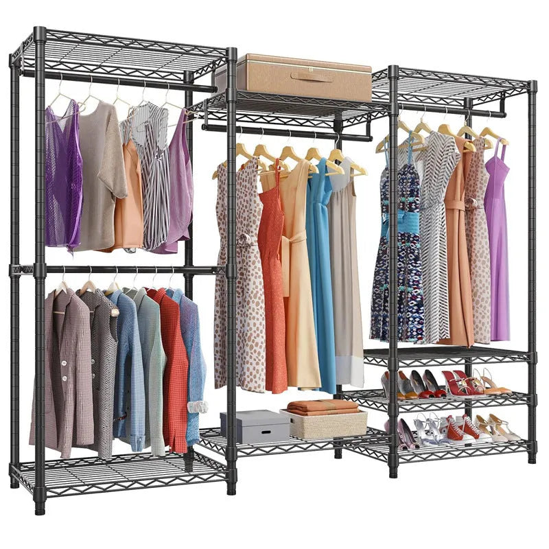 Black metal floor storage rack for hanging clothing and trousers