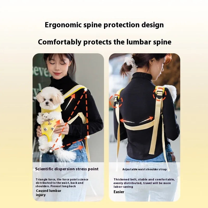 Soft canvas pet carrier bag with cartoon animal design showing colourful stitching details