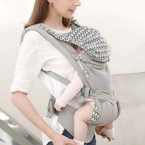Baby hipseat carrier with waist stool in gray printing colour, polyester material, 20kg capacity