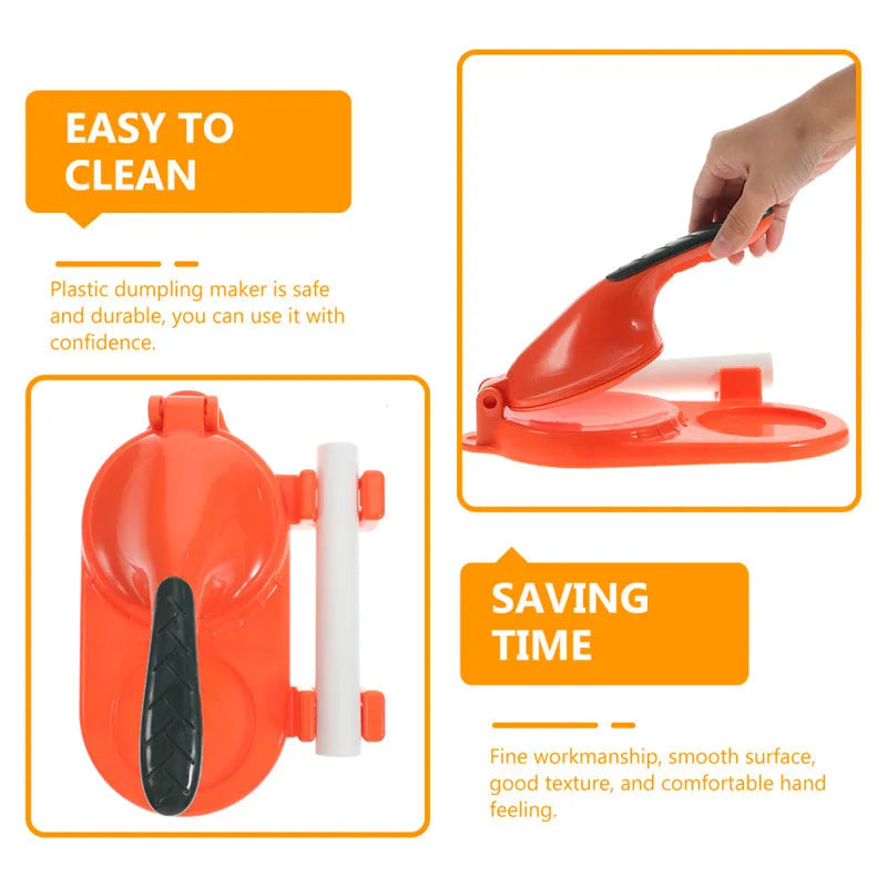 3 In 1 plastic dumpling maker with rolling pin and moulds, green colour, on kitchen countertop