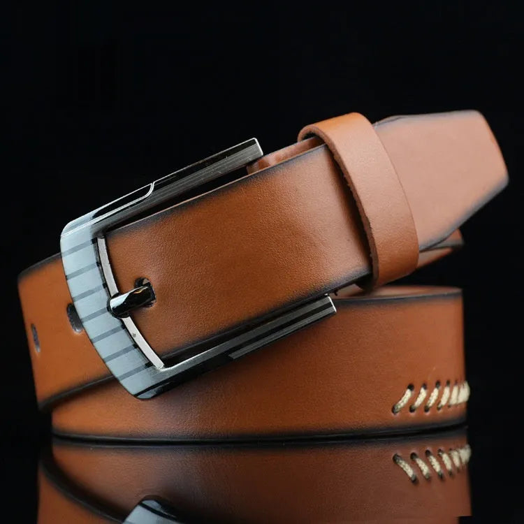 Men's black imitation leather belt with silver alloy pin buckle on a white background.