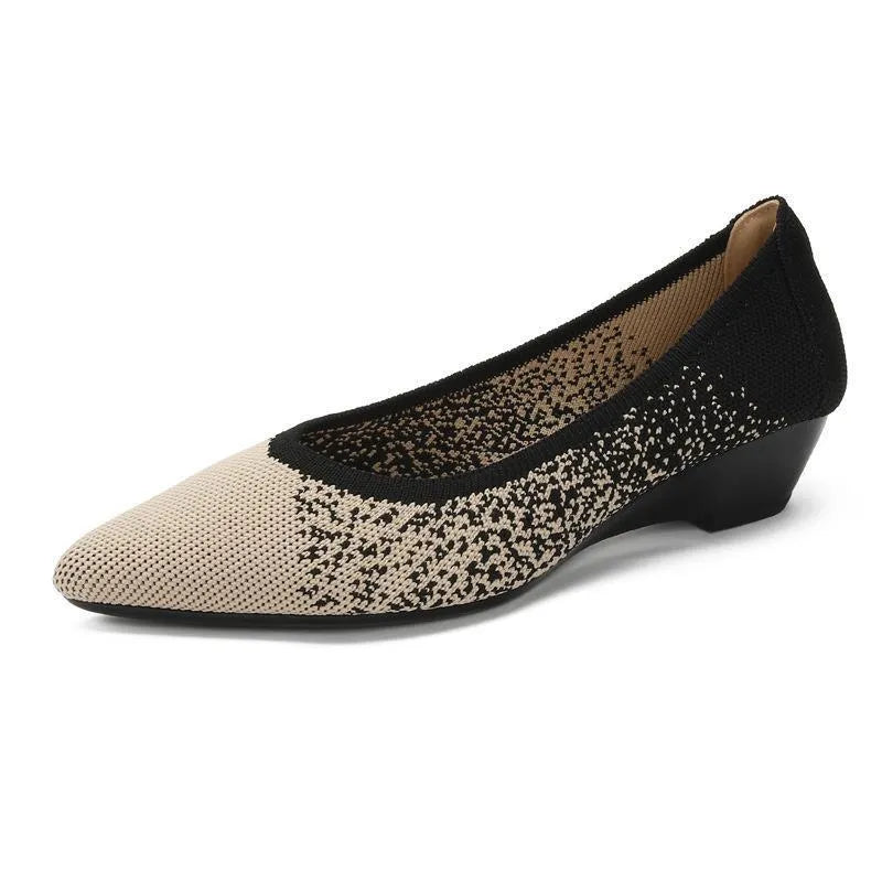 Women's leopard brown Flyknit wedge pump with pointed toe and low rubber sole.