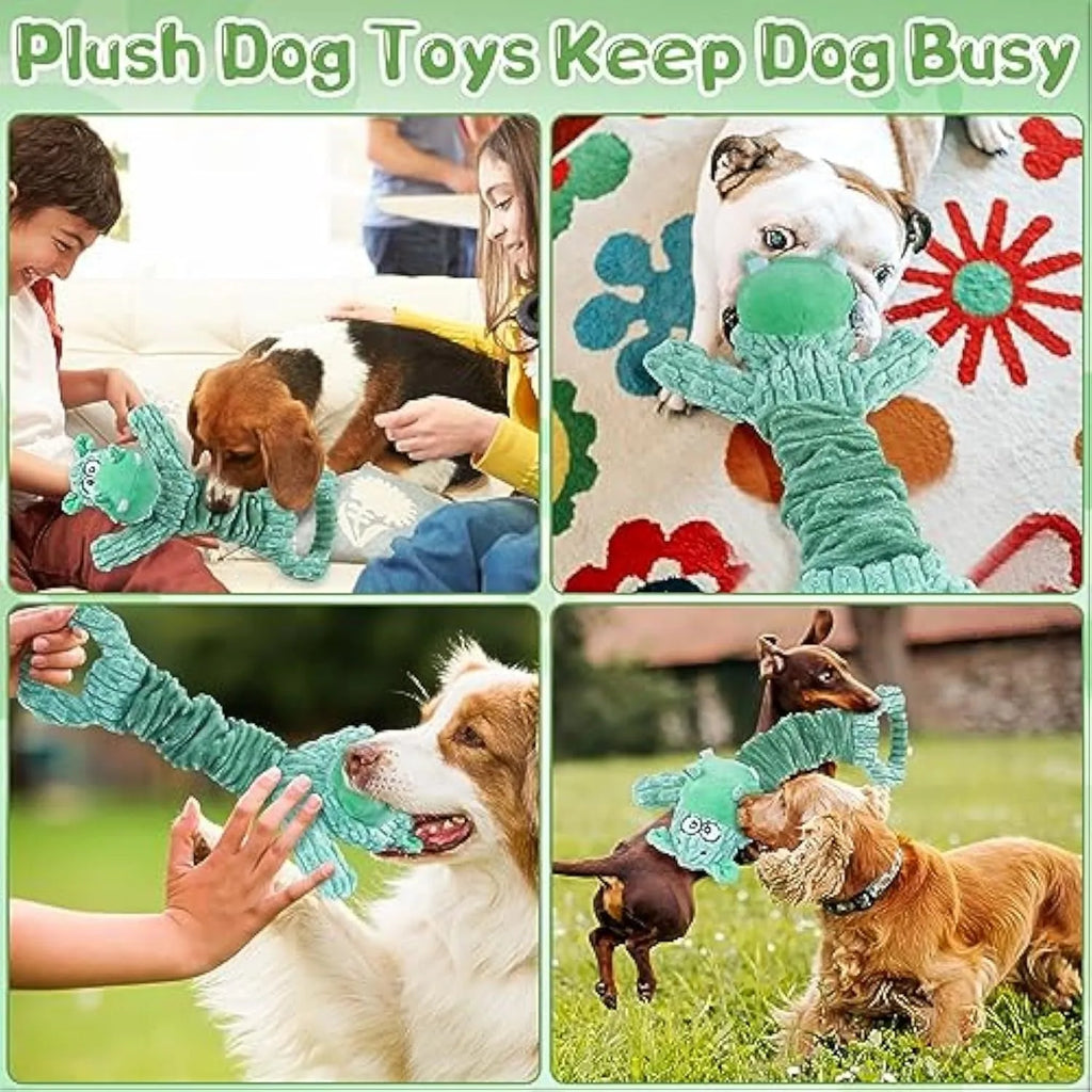 Large plush squeaky dog toy in Hippo or Monkey style with a handle for tug of war.