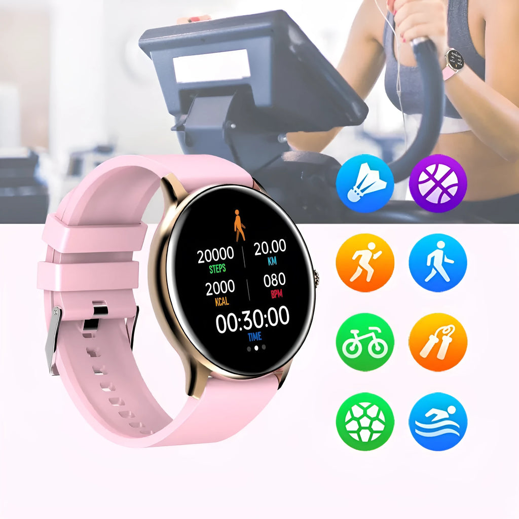 Smart Bluetooth sports watch with round screen for blood pressure and heart rate monitoring on a silicone wristband.