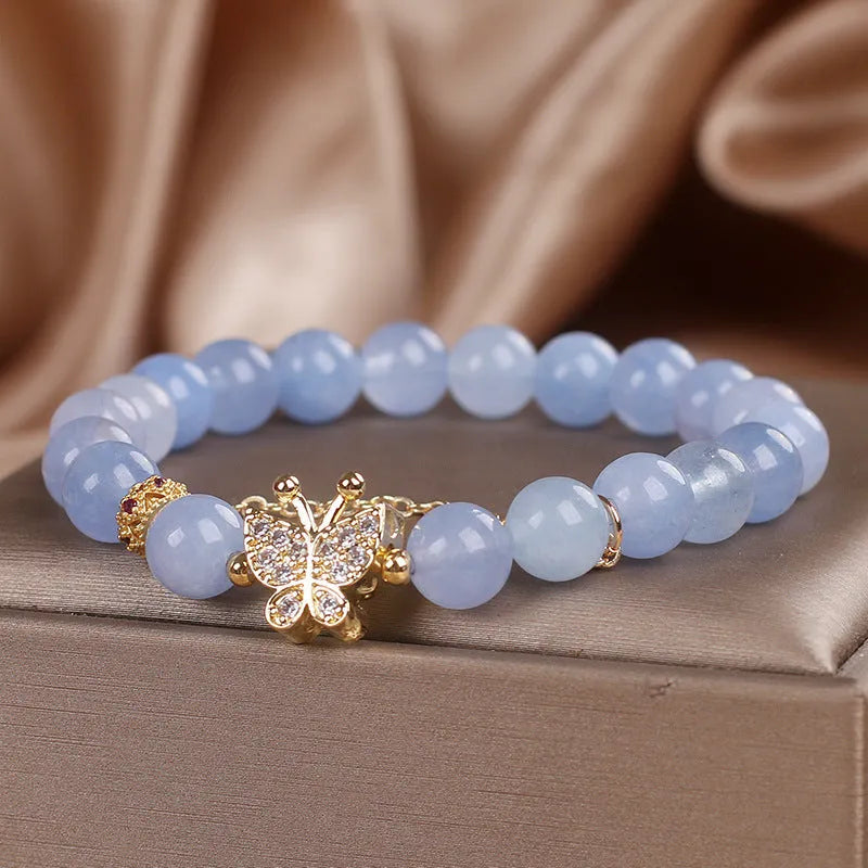 Sky blue aquamarine butterfly crystal bracelet for women with rhinestones and pearls on 17cm electroplated chain