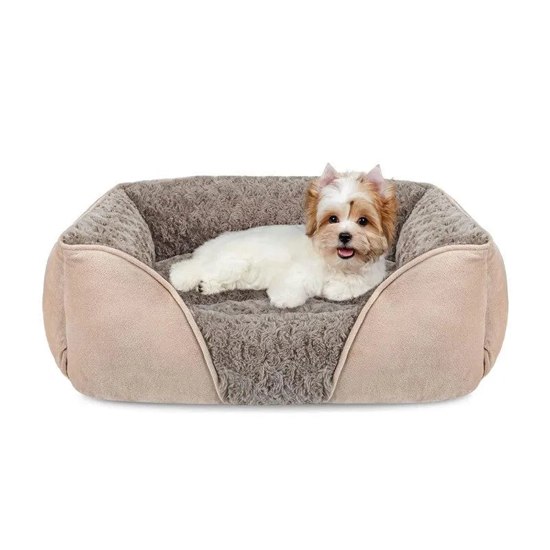 Golden Retriever stuffed enclosed pet kennel dog bed in beige, showing raised bolster edges and nest design.