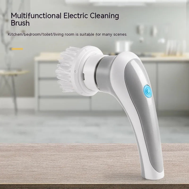 White cordless electric cleaning brush with four brush heads for shower tile and floor cleaning