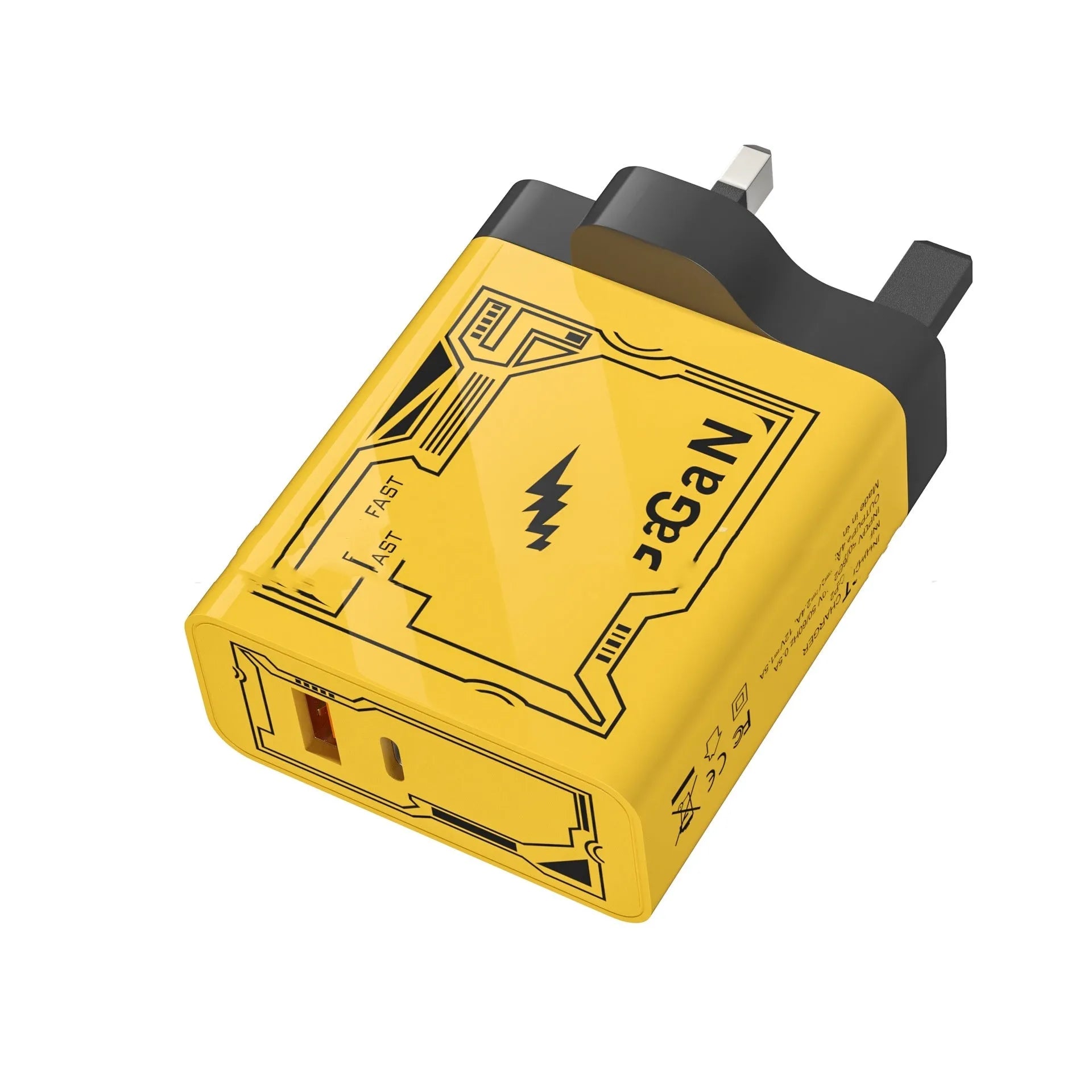 Yellow Machine Crustacean A C fast charging plug with QC30 and PD25W support for American and European sockets