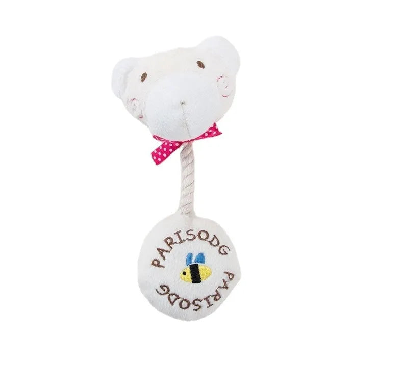 Dog plush toy with squeaker and cotton rope in animal designs including frog, elephant, cow, and bear