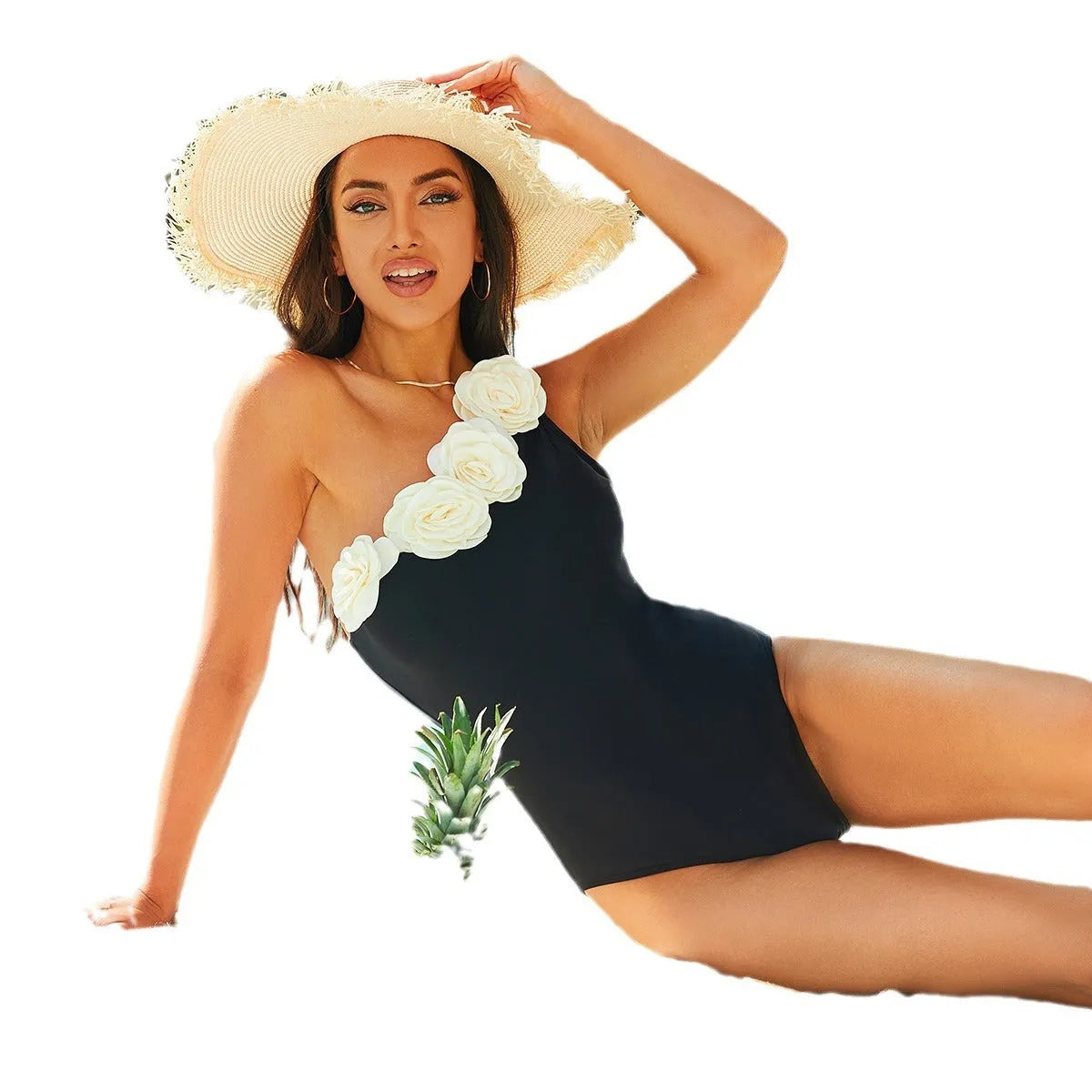 Black solid colour women's one-piece swimsuit with flower pattern showing front design