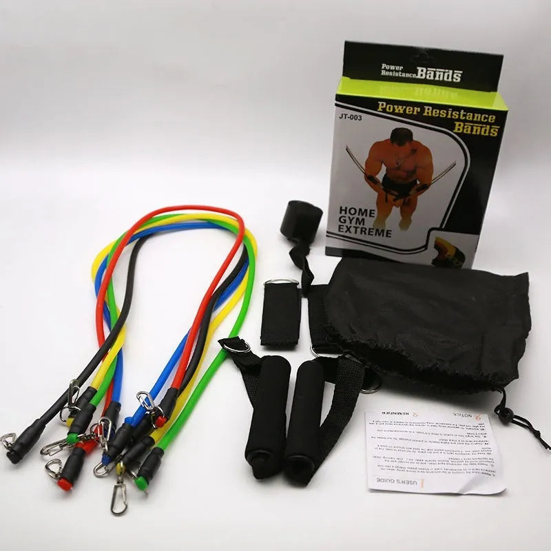 Multi-functional door sports 11-piece set with a combination pulling rope and hook options on a door.