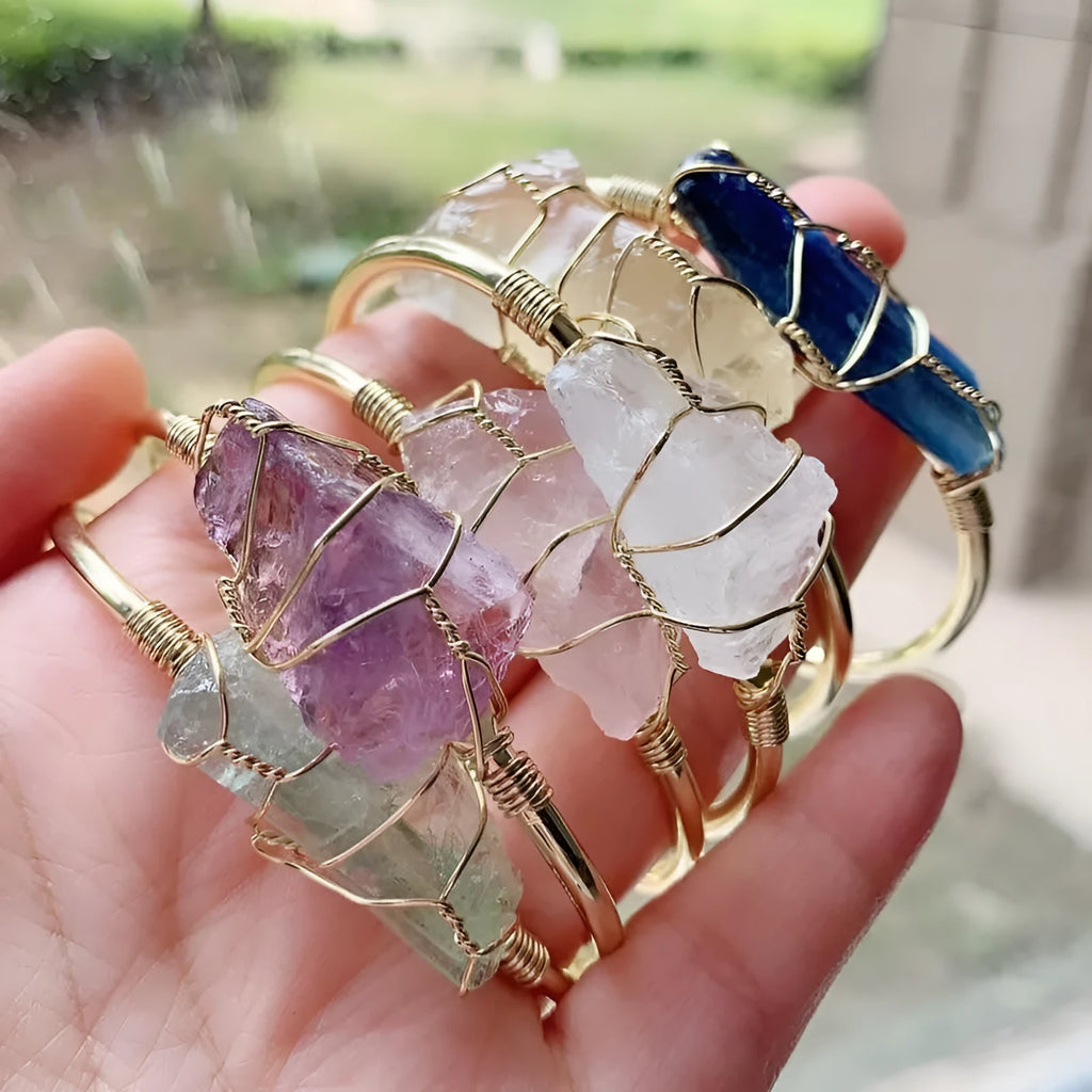 Natural crystal rough stone bracelet with gold winding geometric design and colour mixing variation
