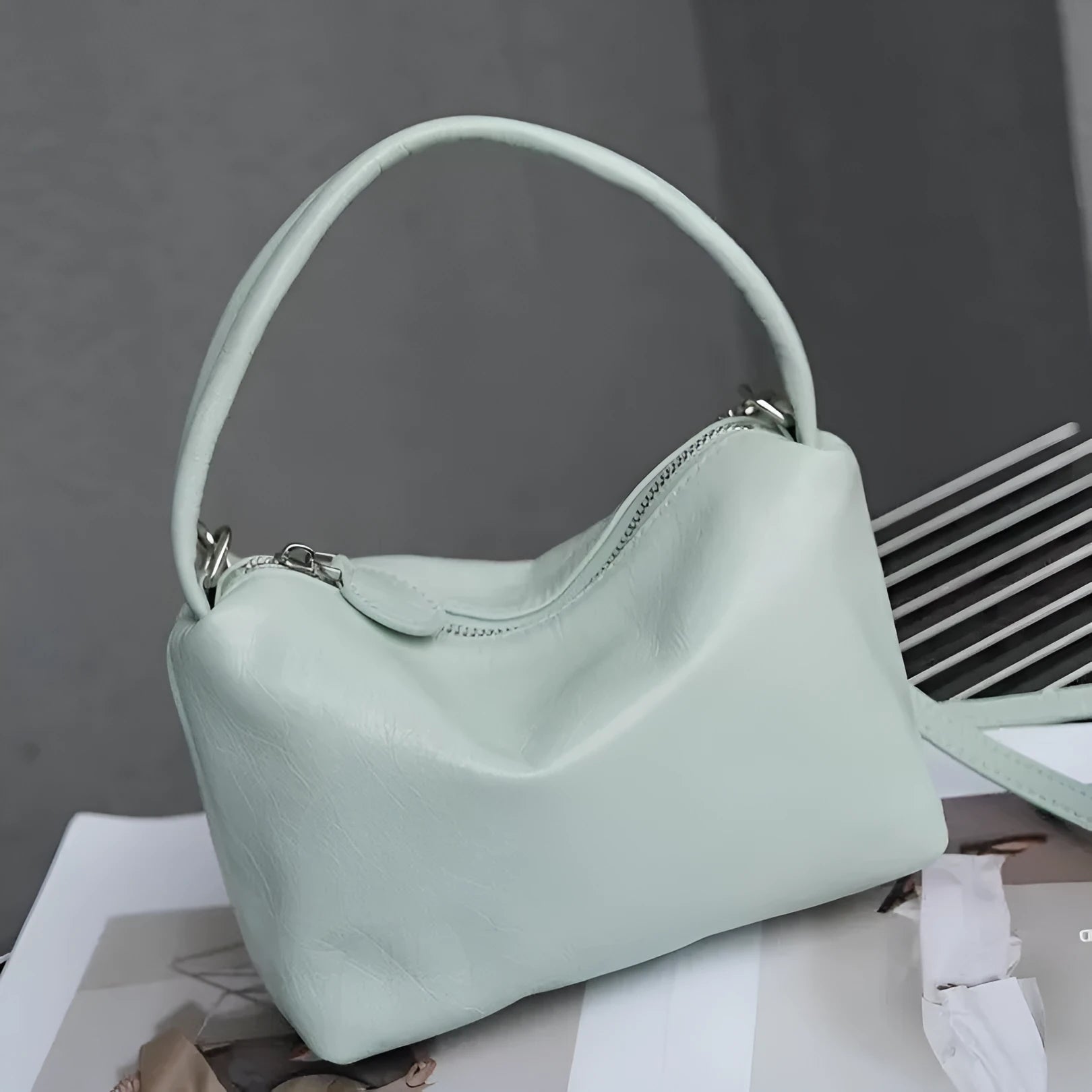 Genuine leather patent glossy shoulder underarm bag in horizontal square shape with internal pockets