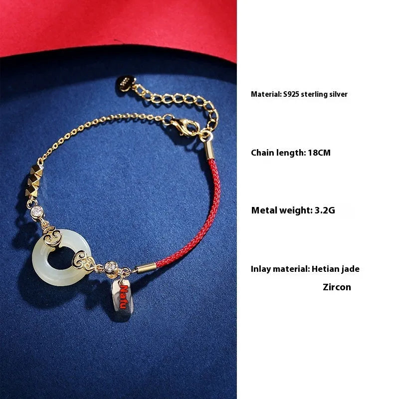 Chinese style sterling silver jewellery set showing gourd bracelet, Fu character necklace, and earrings with Hetian jade inlay.