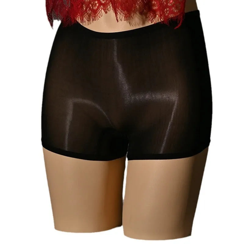 Shiny men's seamless nylon underwear stockings in multiple colours on a mid-waist model