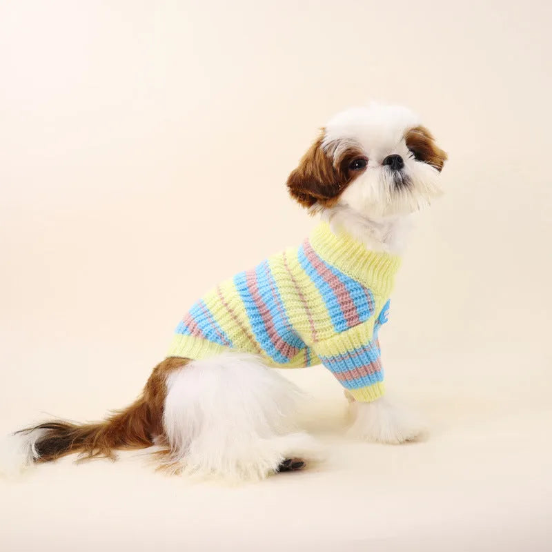 Blue and yellow striped wool dog sweater for small breed dogs in casual style