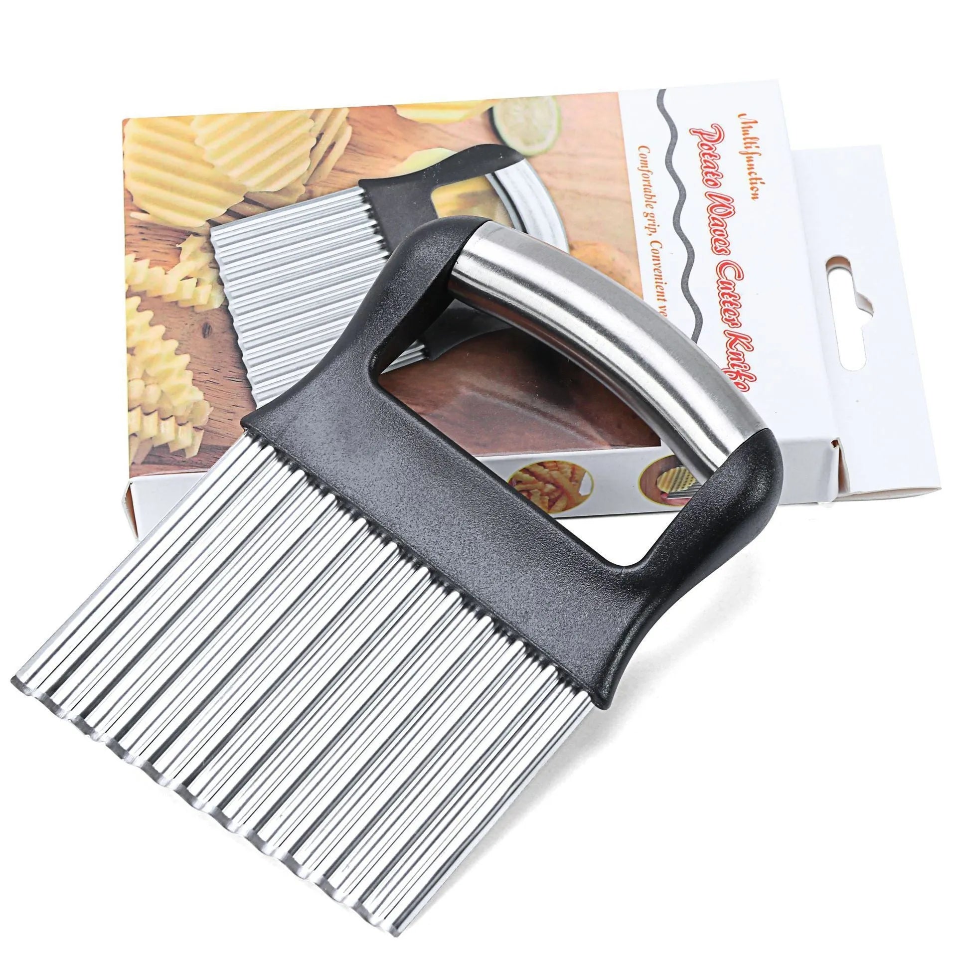 Stainless steel potato wave cutter knife with alloy handle on a cutting board.