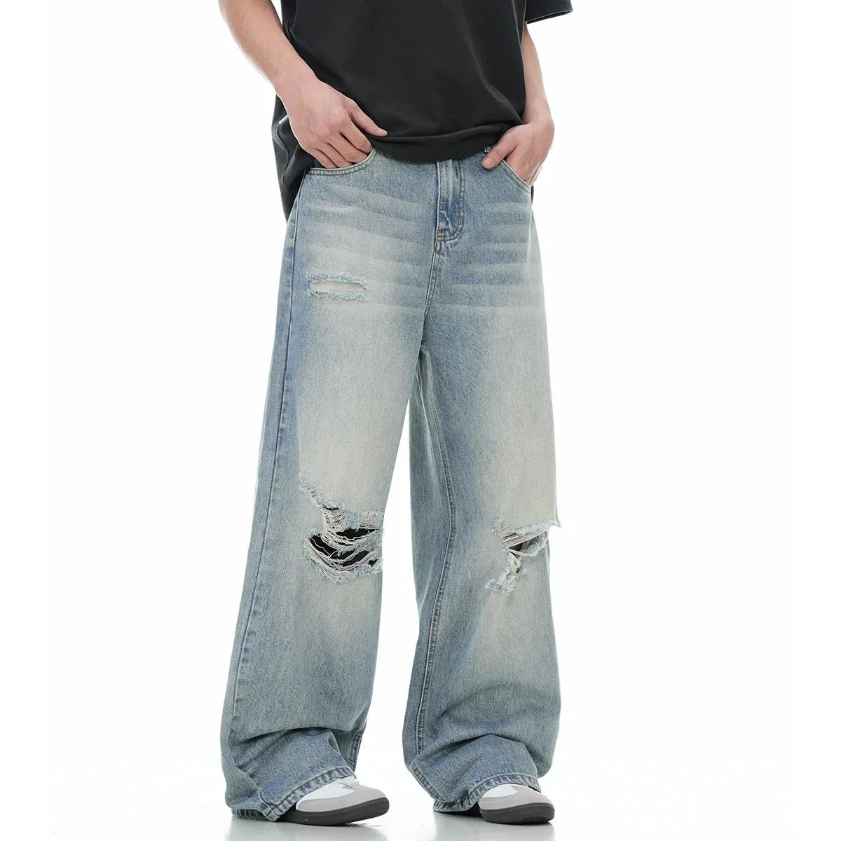 Blue cotton blend straight-leg men's jeans with zipper fly and retro styling