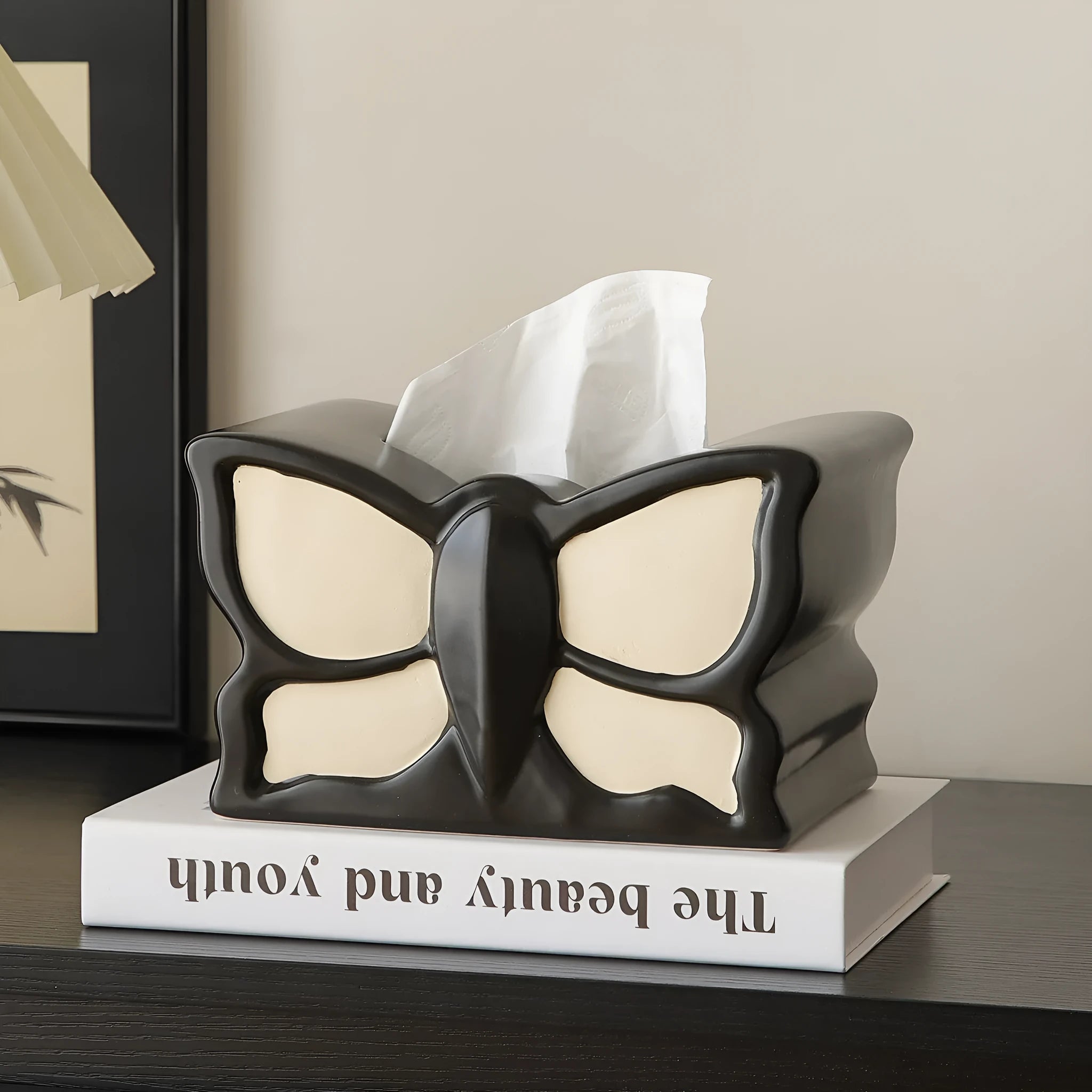 White ceramic butterfly vase and matching tissue box with waterproof coating