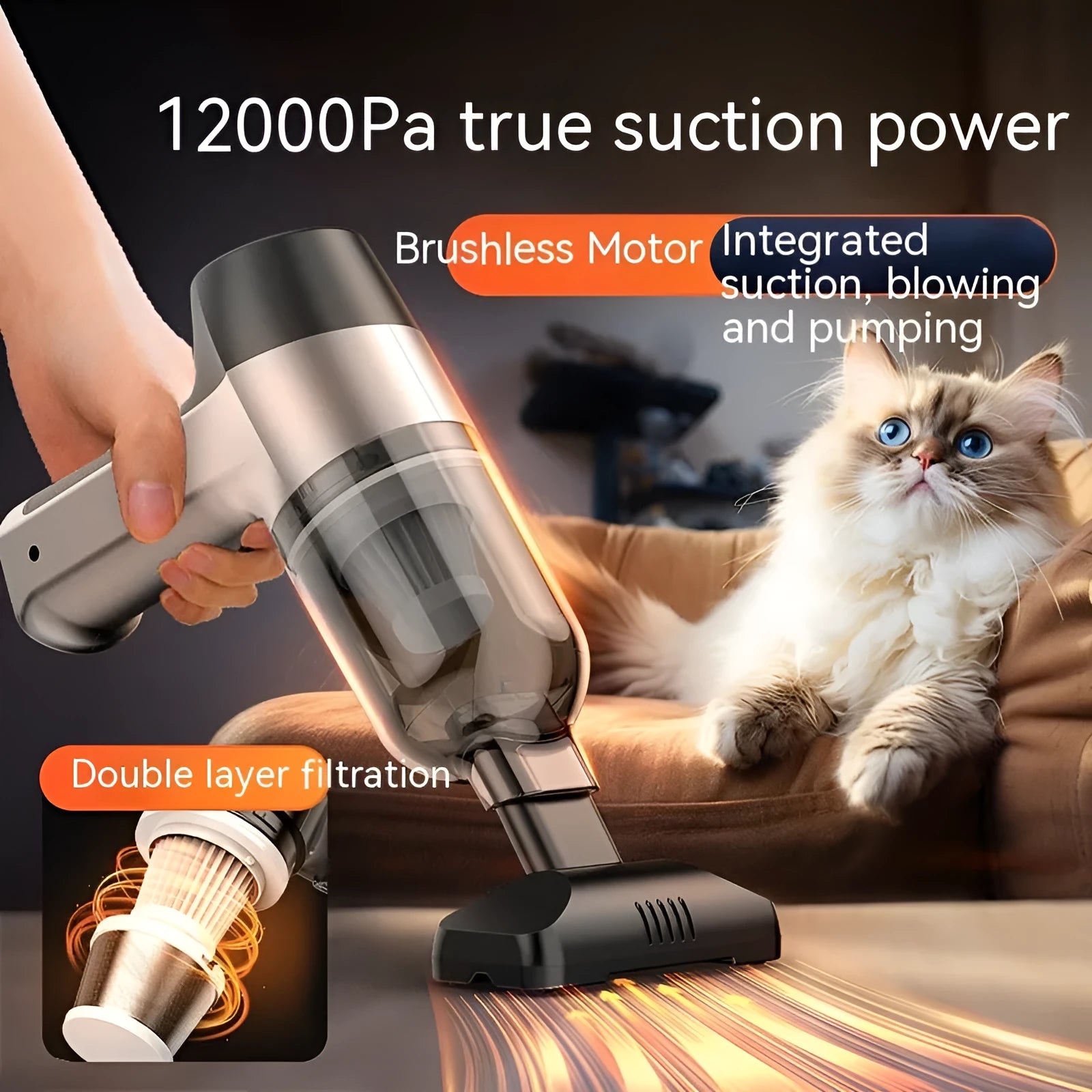 Wireless handheld car vacuum cleaner with attachments including brushes and nozzles for interior cleaning