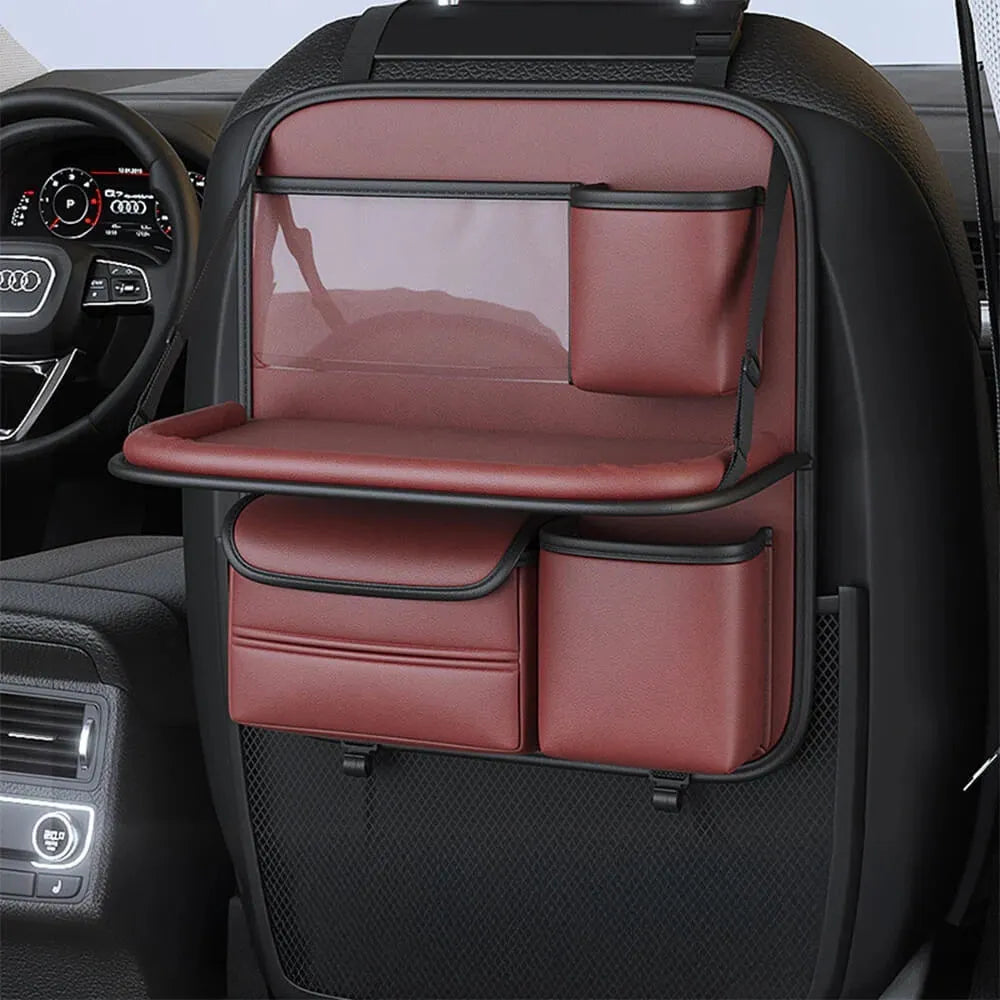 Leather car seat storage bag in black with handle and foldable dining table