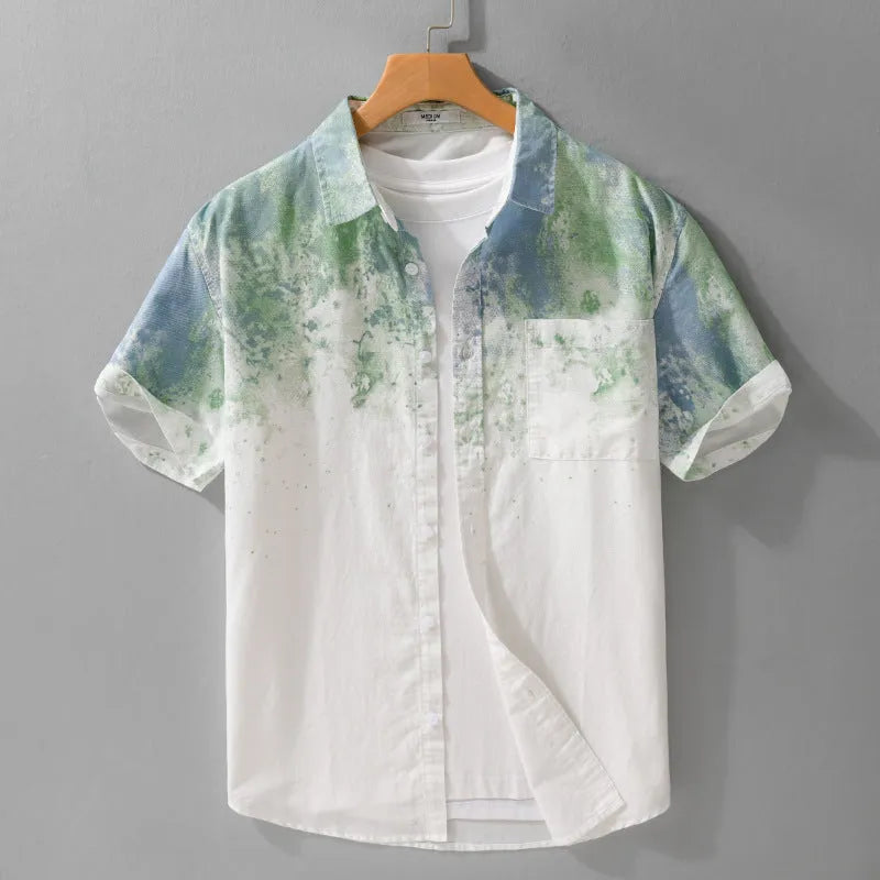 Men's grey loose fit short-sleeved cotton cardigan shirt on hanger