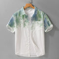 Men's grey loose fit short-sleeved cotton cardigan shirt on hanger
