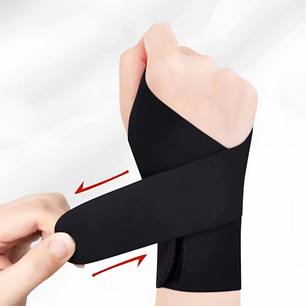 Adjustable black athletic wristguard for left or right hand during badminton or tennis.