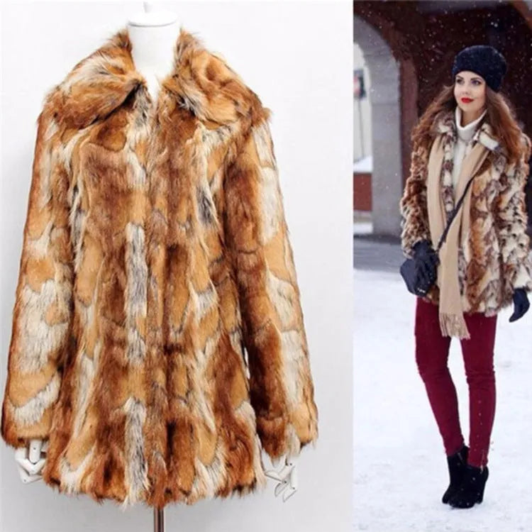 Women's tiger pattern artificial fur leather jacket with long sleeves and medium length cut
