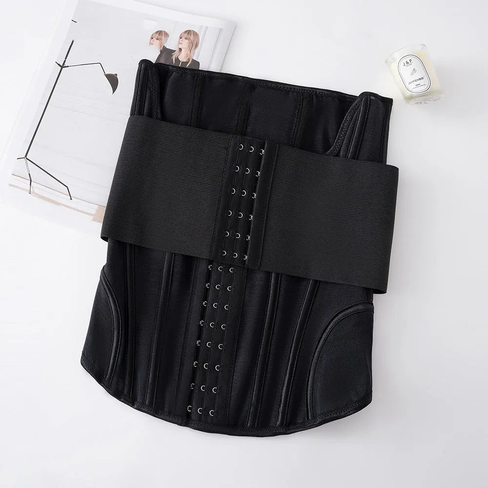Nylon belly band waist trainer in black or apricot colour with an adjustable belt tie.