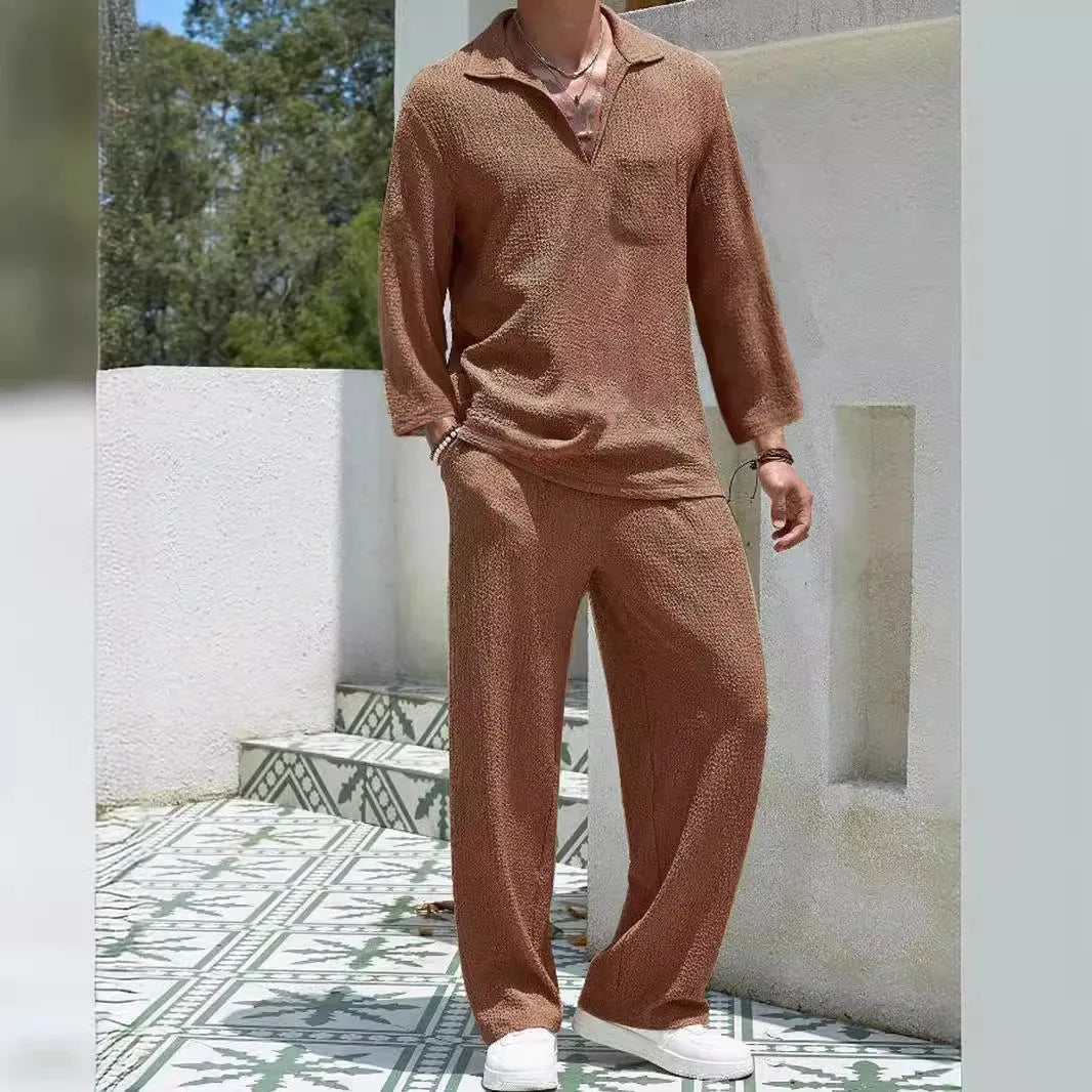 Men's casual shirt trousers suit set in polyester fibre fabric available in four colours