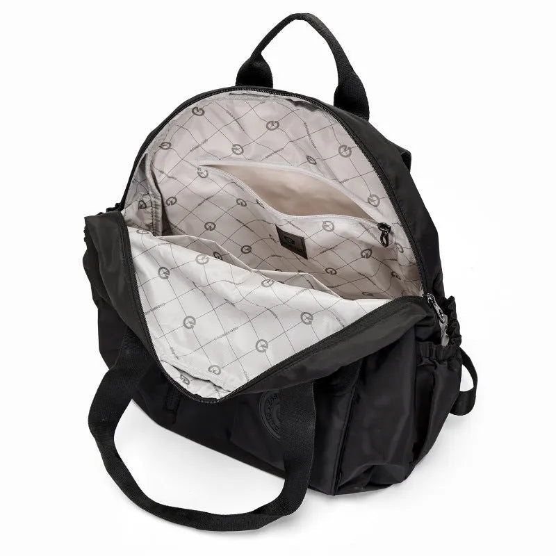 Outdoor lightweight large capacity nylon backpack in black, shown with sandwich pocket detail.