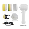 White cordless electric cleaning brush with four brush heads for shower tile and floor cleaning