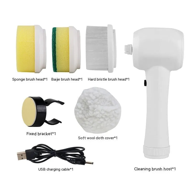 White cordless electric cleaning brush with four brush heads for shower tile and floor cleaning