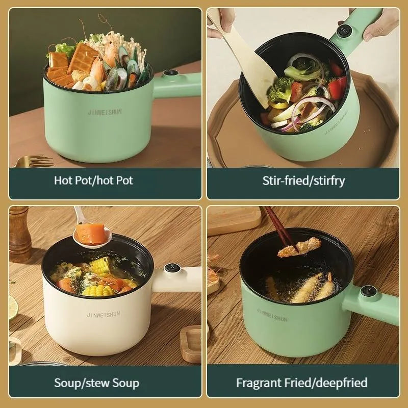 Compact white electric multi-function hot pot with non-stick interior on a kitchen countertop