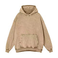 Men's loose-fit collarless hoodie in washed cotton with batik print, showing drop-shoulder sleeves.