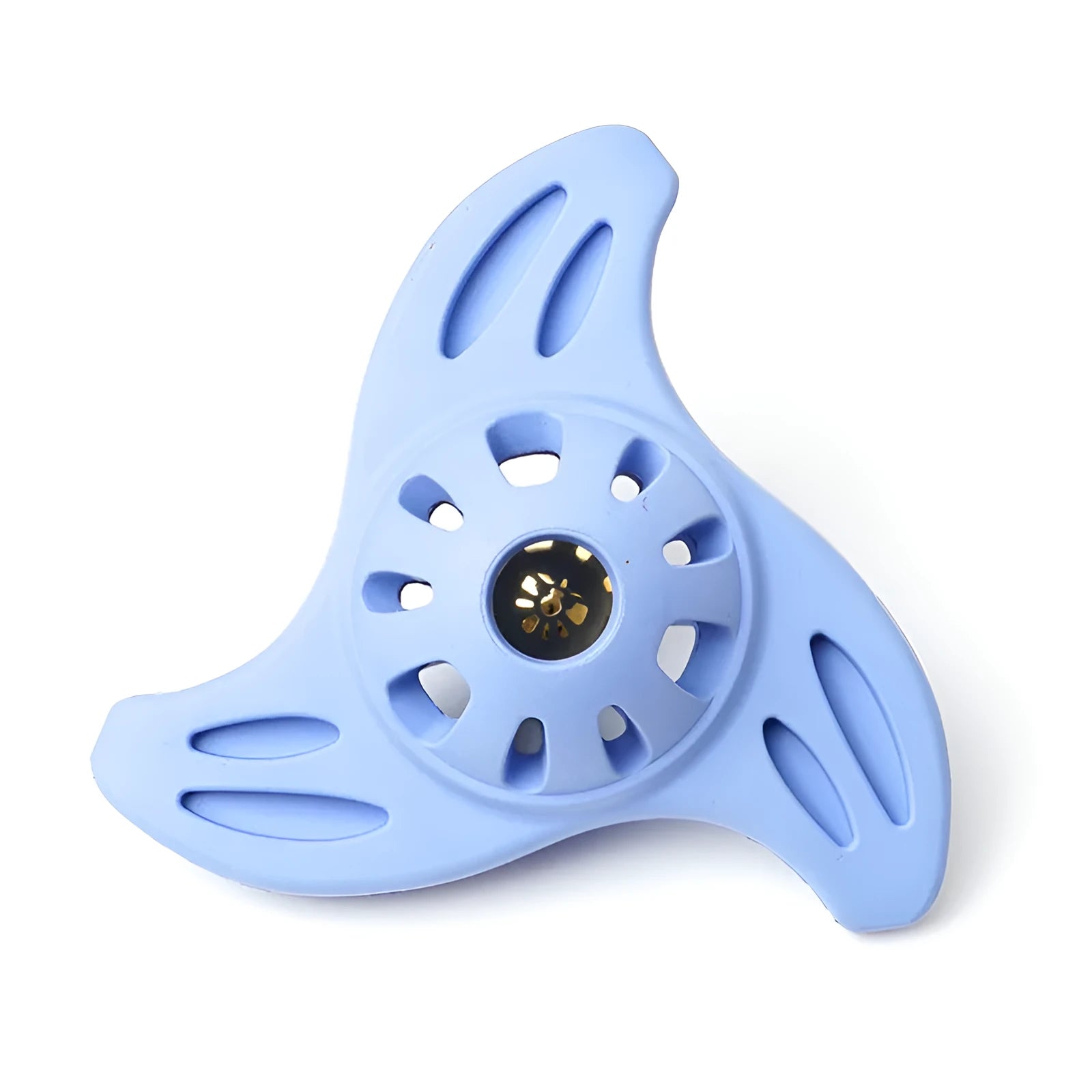 Blue boomerang-shaped dog chew toy with textured molar surface for dental cleaning