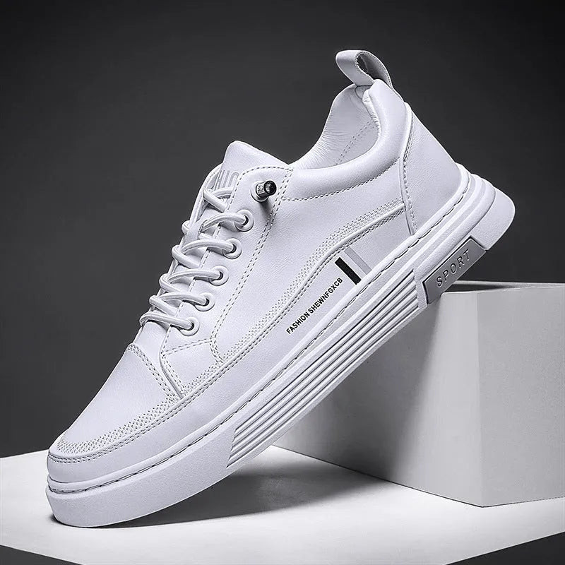 Men's white low-top skate shoes with elastic band closure and rubber sole.