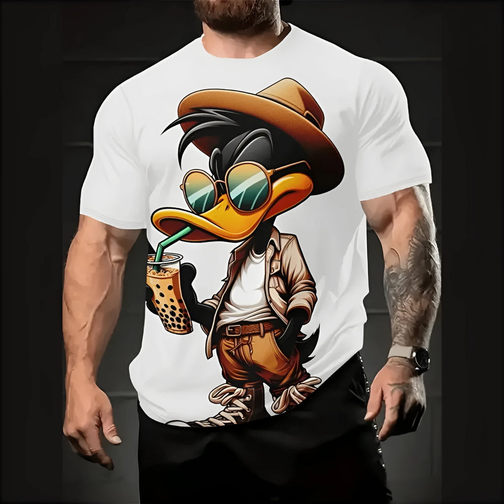 Man wearing a loose-fit short sleeve shirt with a colourful cartoon 3D print design.