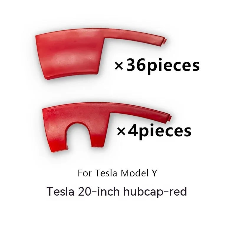 Set of four plastic wheel hub covers for a Tesla Model Y, showing black, white, red, and carbon fibre pattern options.