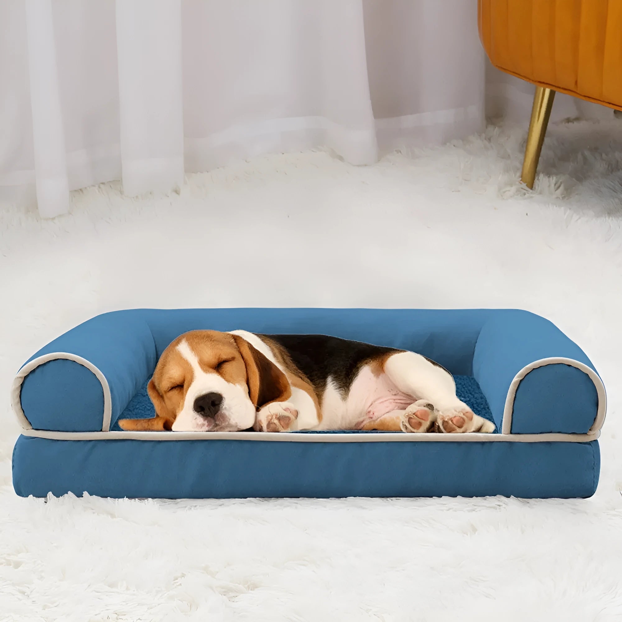 Square blue cloth dog bed with breathable sponge centre, shown in a home setting.